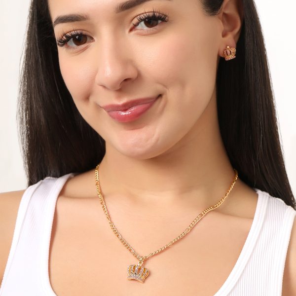 Pink Crystal Crown Pendant Necklace & Stud Earrings Set - Image 2